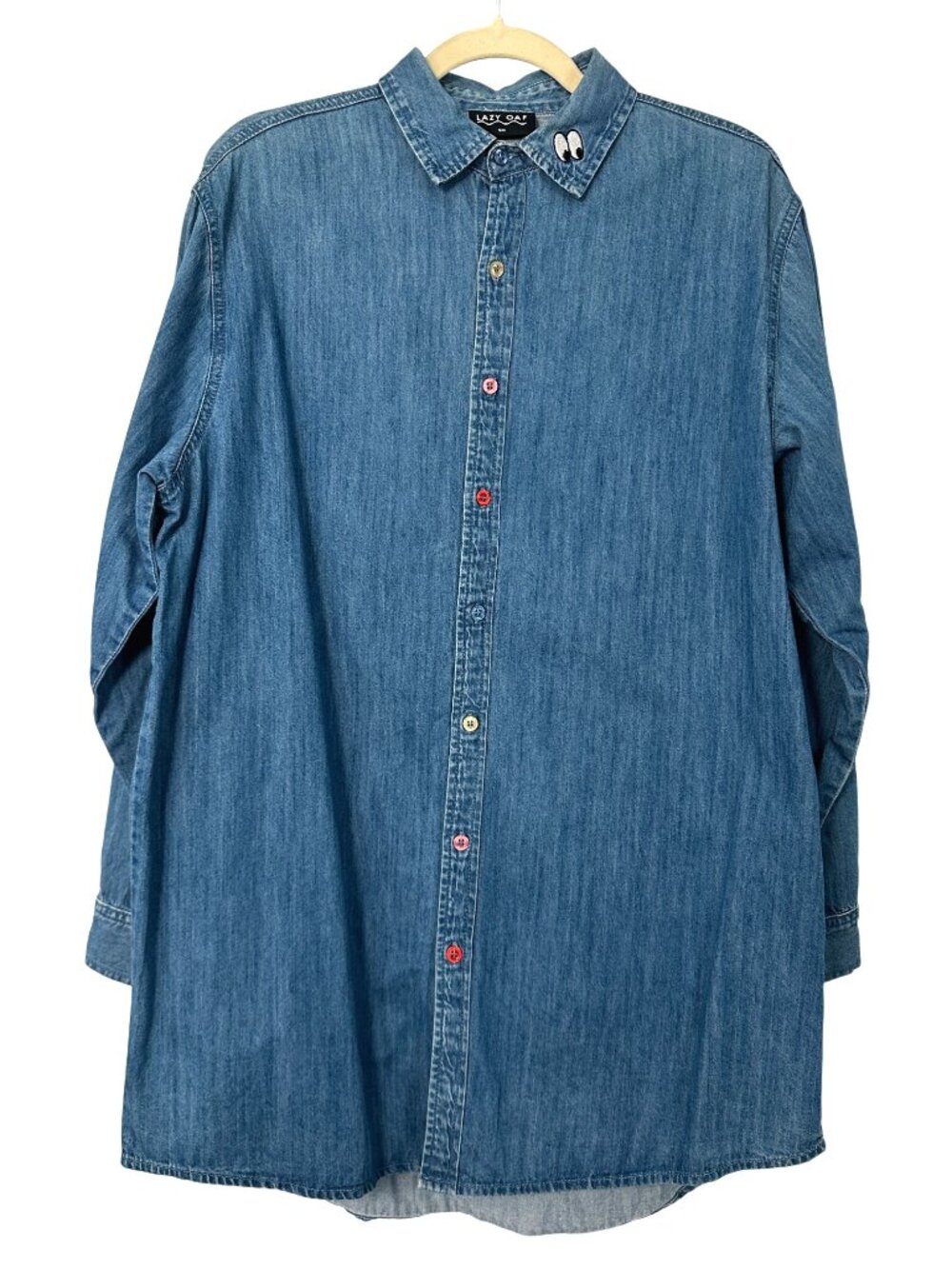 Lazy Oaf Sad Rainbow Shirt Oversized Blue Denim Eye Embroidery Whimsical SM - Picture 6 of 9